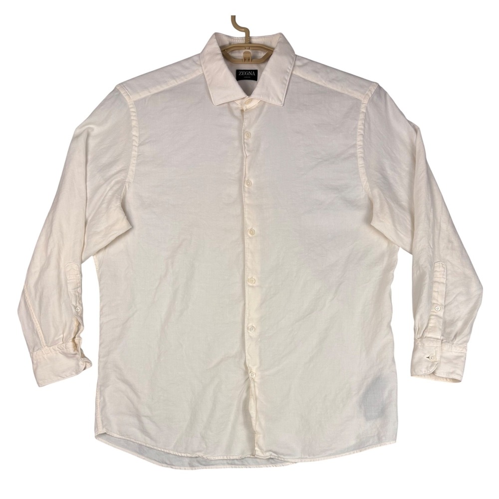 Zegna Cashco Shirt Mens XL Cream Cotton Cashmere Button Up Regular Fit